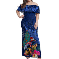 New Zealand Tuatara Christmas Off Shoulder Maxi Dress Silver Fern and Xmas Pohutukawa Tree Blue Color LT03 Women Blue - Polynesian Pride