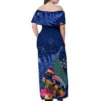 New Zealand Tuatara Christmas Off Shoulder Maxi Dress Silver Fern and Xmas Pohutukawa Tree Blue Color LT03 - Polynesian Pride