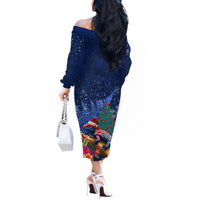 New Zealand Tuatara Christmas Off The Shoulder Long Sleeve Dress Silver Fern and Xmas Pohutukawa Tree Blue Color LT03 - Polynesian Pride