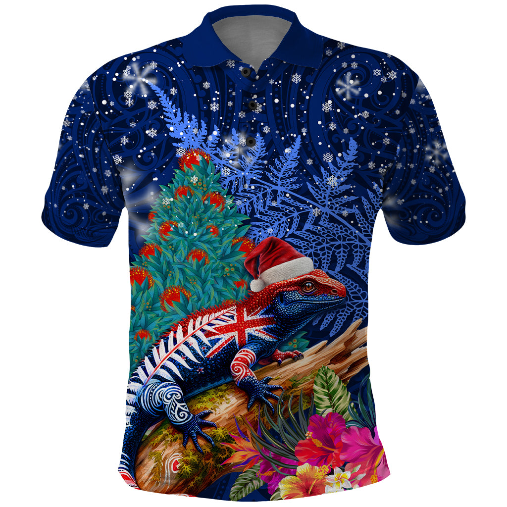New Zealand Tuatara Christmas Polo Shirt Silver Fern and Xmas Pohutukawa Tree Blue Color LT03 Blue - Polynesian Pride