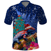 New Zealand Tuatara Christmas Polo Shirt Silver Fern and Xmas Pohutukawa Tree Blue Color LT03 Blue - Polynesian Pride