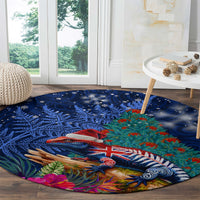 New Zealand Tuatara Christmas Round Carpet Silver Fern and Xmas Pohutukawa Tree Blue Color