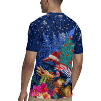 New Zealand Tuatara Christmas Rugby Jersey Silver Fern and Xmas Pohutukawa Tree Blue Color