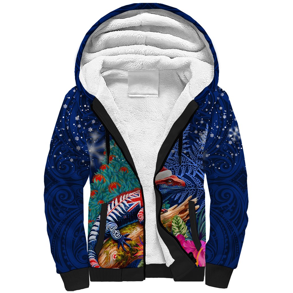 New Zealand Tuatara Christmas Sherpa Hoodie Silver Fern and Xmas Pohutukawa Tree Blue Color LT03 Unisex Blue - Polynesian Pride