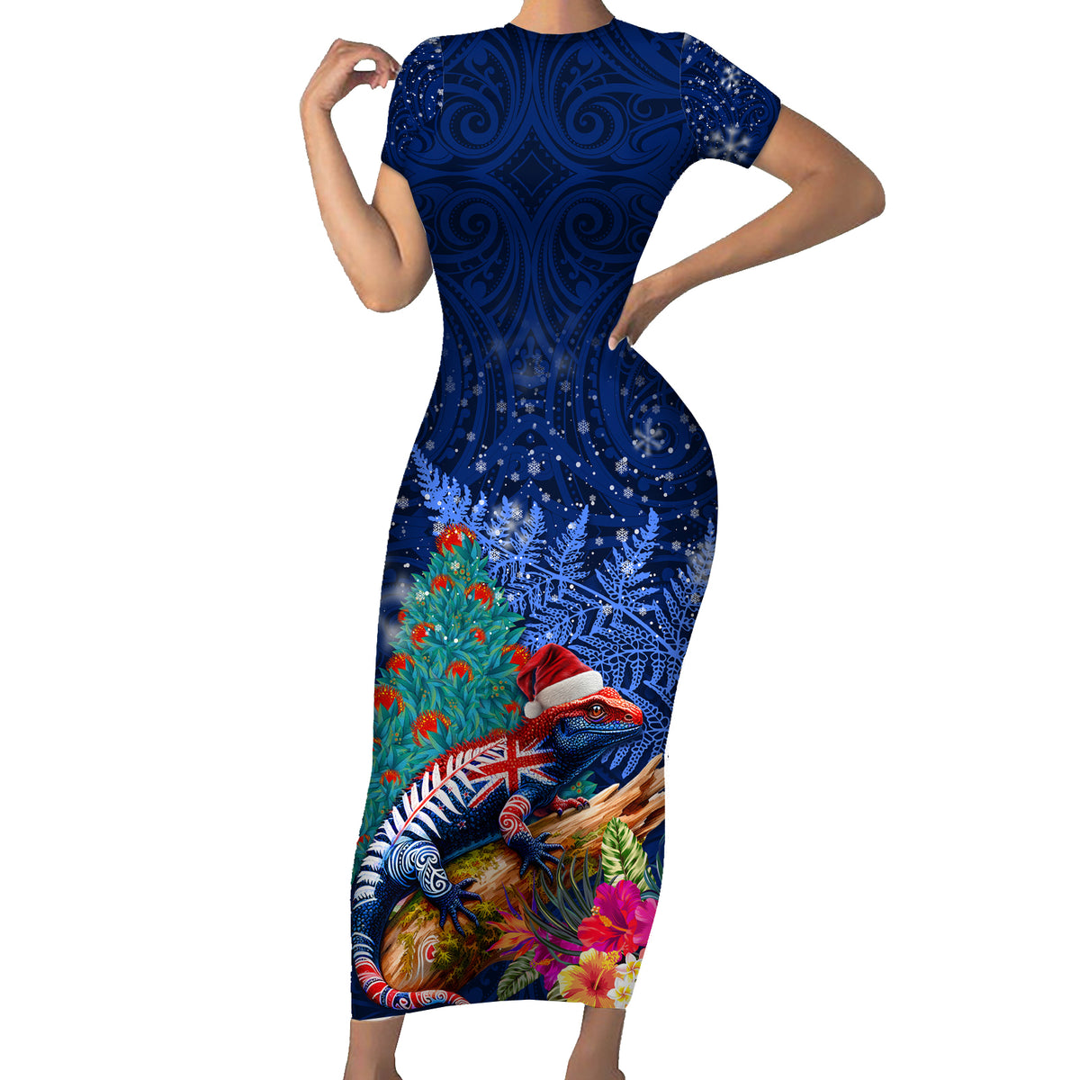 New Zealand Tuatara Christmas Short Sleeve Bodycon Dress Silver Fern and Xmas Pohutukawa Tree Blue Color LT03 Long Dress Blue - Polynesian Pride