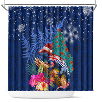 New Zealand Tuatara Christmas Shower Curtain Silver Fern and Xmas Pohutukawa Tree Blue Color LT03 Blue - Polynesian Pride