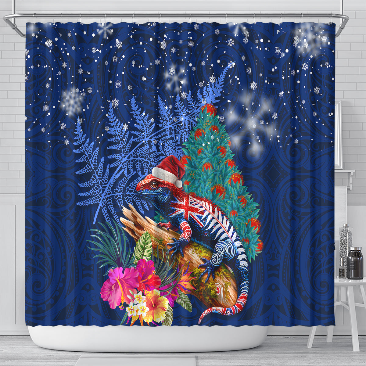 New Zealand Tuatara Christmas Shower Curtain Silver Fern and Xmas Pohutukawa Tree Blue Color LT03 - Polynesian Pride