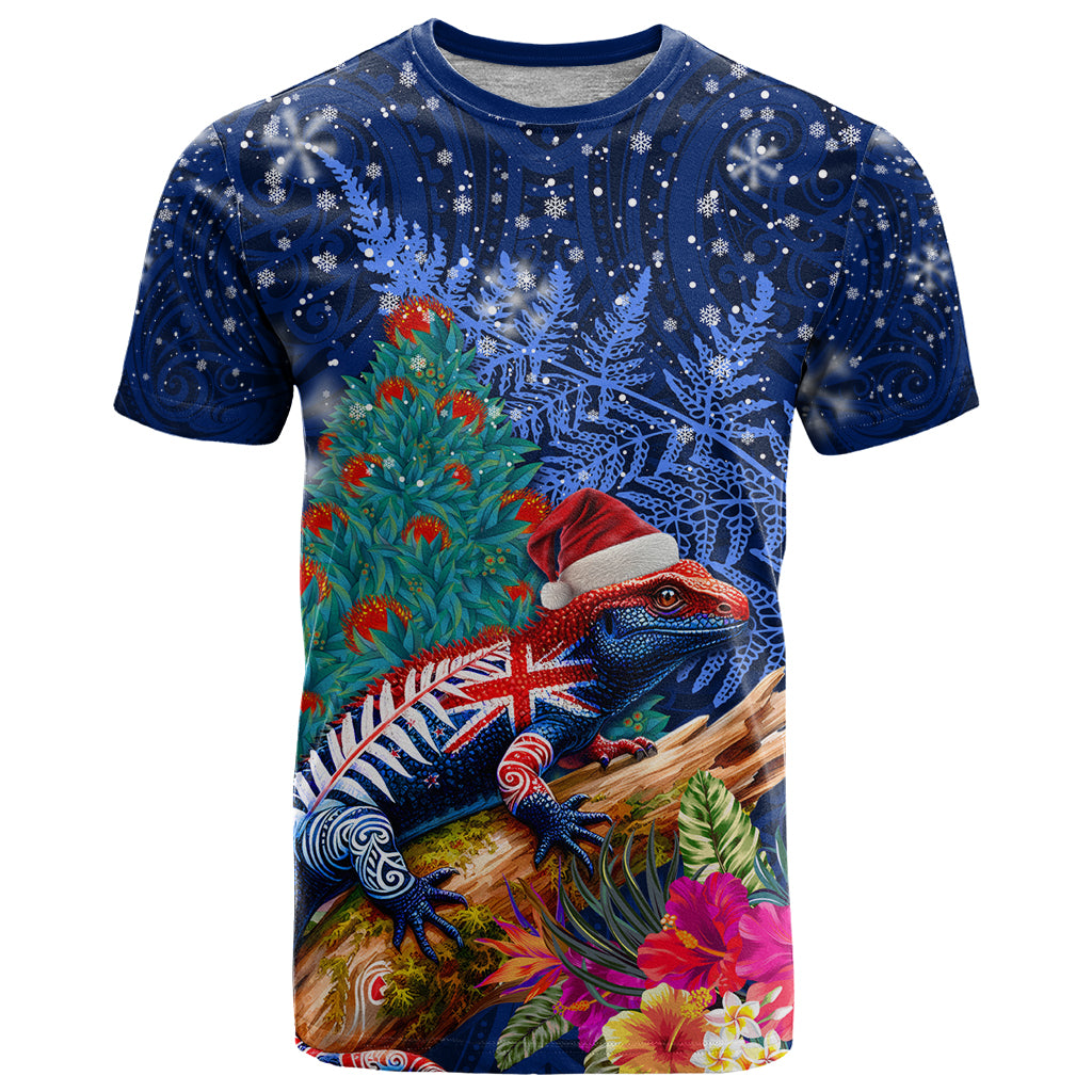 New Zealand Tuatara Christmas T Shirt Silver Fern and Xmas Pohutukawa Tree Blue Color LT03 Blue - Polynesian Pride
