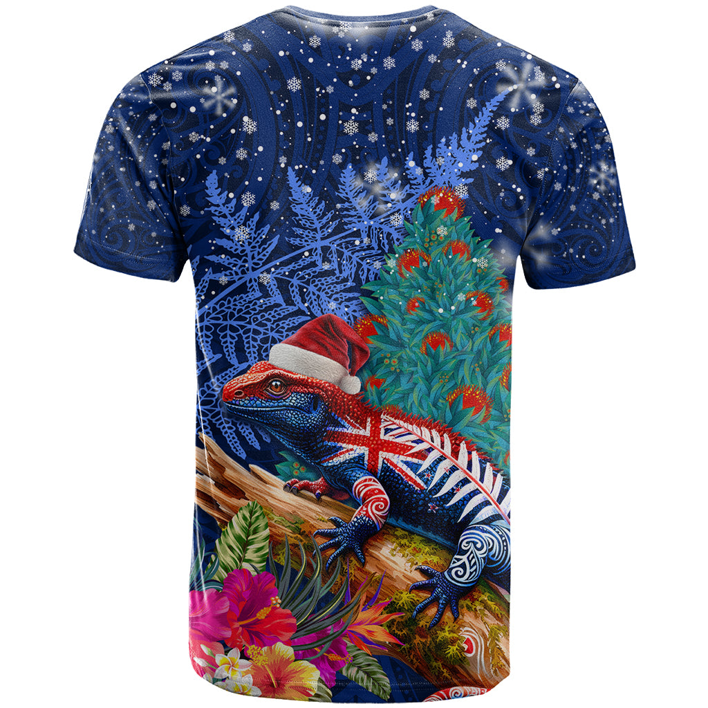 New Zealand Tuatara Christmas T Shirt Silver Fern and Xmas Pohutukawa Tree Blue Color LT03 - Polynesian Pride
