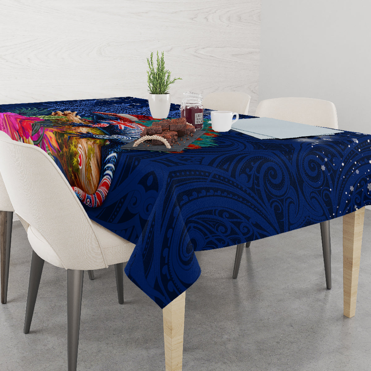 New Zealand Tuatara Christmas Tablecloth Silver Fern and Xmas Pohutukawa Tree Blue Color