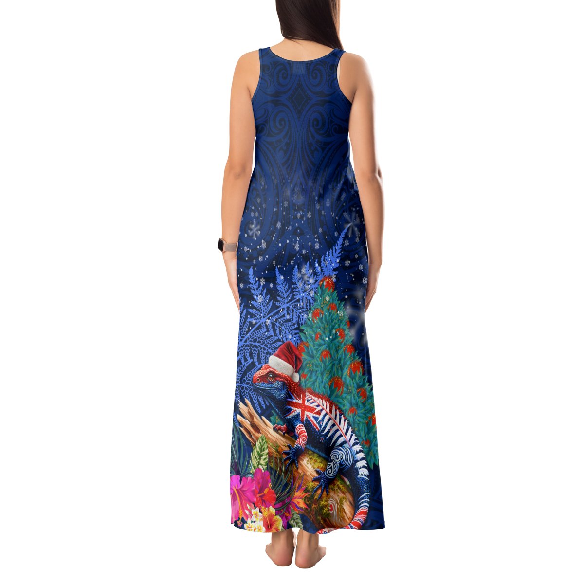 New Zealand Tuatara Christmas Tank Maxi Dress Silver Fern and Xmas Pohutukawa Tree Blue Color LT03 - Polynesian Pride