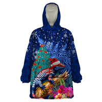 New Zealand Tuatara Christmas Wearable Blanket Hoodie Silver Fern and Xmas Pohutukawa Tree Blue Color LT03 One Size Blue - Polynesian Pride