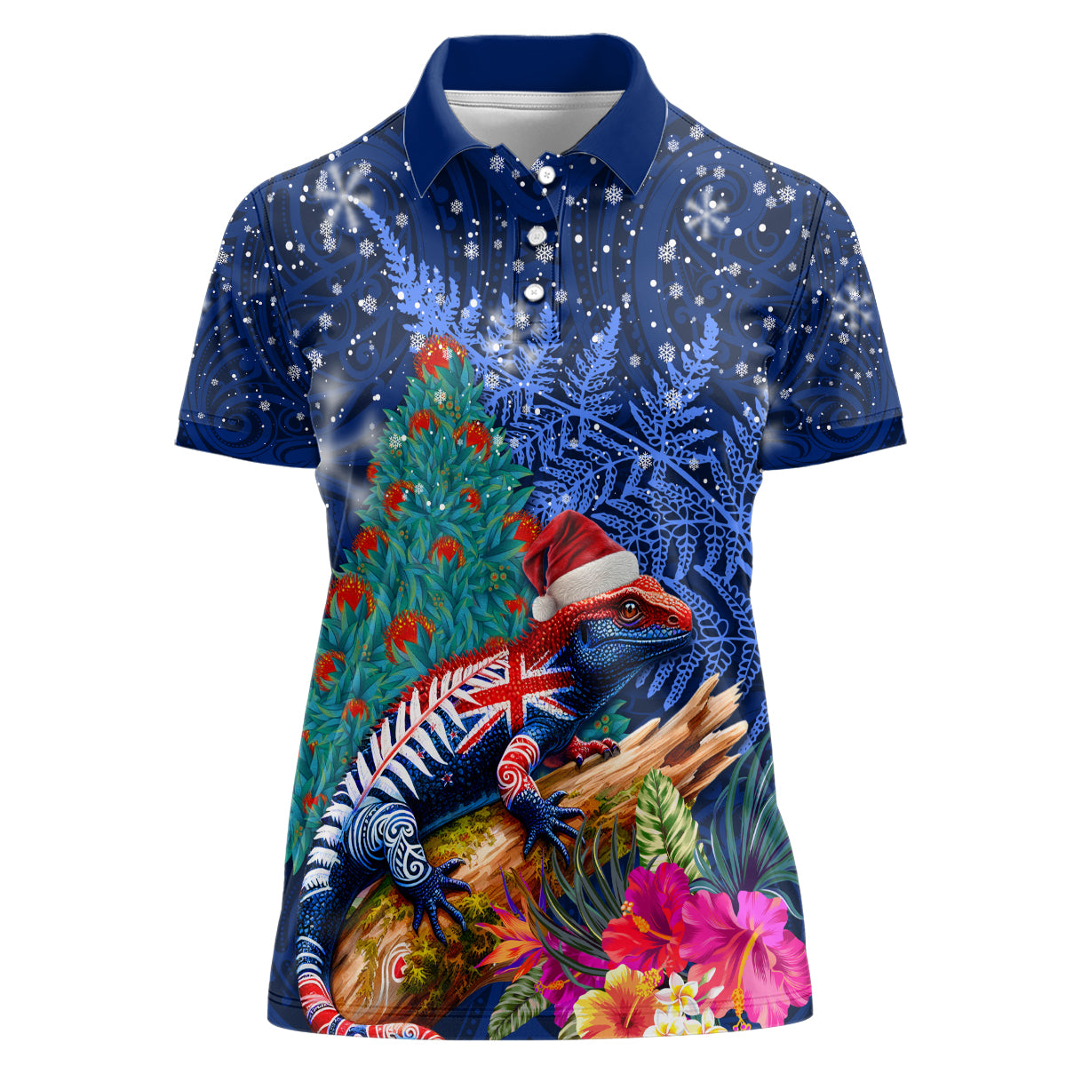New Zealand Tuatara Christmas Women Polo Shirt Silver Fern and Xmas Pohutukawa Tree Blue Color LT03 Female Blue - Polynesian Pride