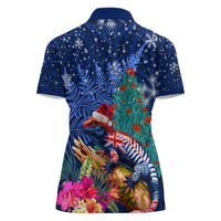 New Zealand Tuatara Christmas Women Polo Shirt Silver Fern and Xmas Pohutukawa Tree Blue Color LT03 - Polynesian Pride