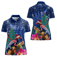 New Zealand Tuatara Christmas Women Polo Shirt Silver Fern and Xmas Pohutukawa Tree Blue Color LT03 - Polynesian Pride