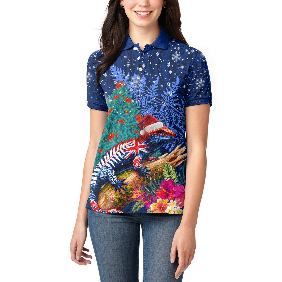 New Zealand Tuatara Christmas Women Polo Shirt Silver Fern and Xmas Pohutukawa Tree Blue Color LT03 - Polynesian Pride