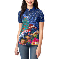 New Zealand Tuatara Christmas Women Polo Shirt Silver Fern and Xmas Pohutukawa Tree Blue Color LT03 - Polynesian Pride