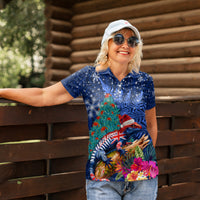 New Zealand Tuatara Christmas Women Polo Shirt Silver Fern and Xmas Pohutukawa Tree Blue Color LT03 - Polynesian Pride