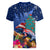 New Zealand Tuatara Christmas Women V-Neck T-Shirt Silver Fern and Xmas Pohutukawa Tree Blue Color