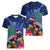 New Zealand Tuatara Christmas Women V-Neck T-Shirt Silver Fern and Xmas Pohutukawa Tree Blue Color