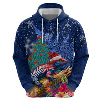 New Zealand Tuatara Christmas Zip Hoodie Silver Fern and Xmas Pohutukawa Tree Blue Color LT03 - Polynesian Pride