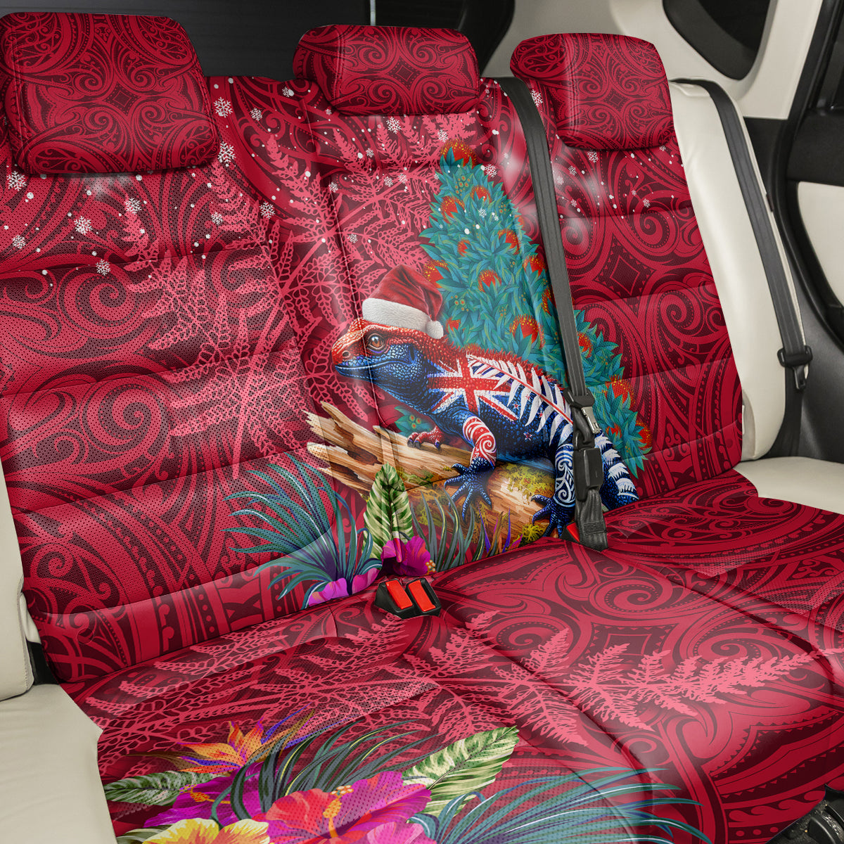 New Zealand Tuatara Christmas Back Car Seat Cover Silver Fern and Xmas Pohutukawa Tree Red Color LT03 - Polynesian Pride