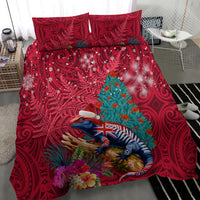 New Zealand Tuatara Christmas Bedding Set Silver Fern and Xmas Pohutukawa Tree Red Color