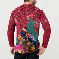 New Zealand Tuatara Christmas Button Sweatshirt Silver Fern and Xmas Pohutukawa Tree Red Color