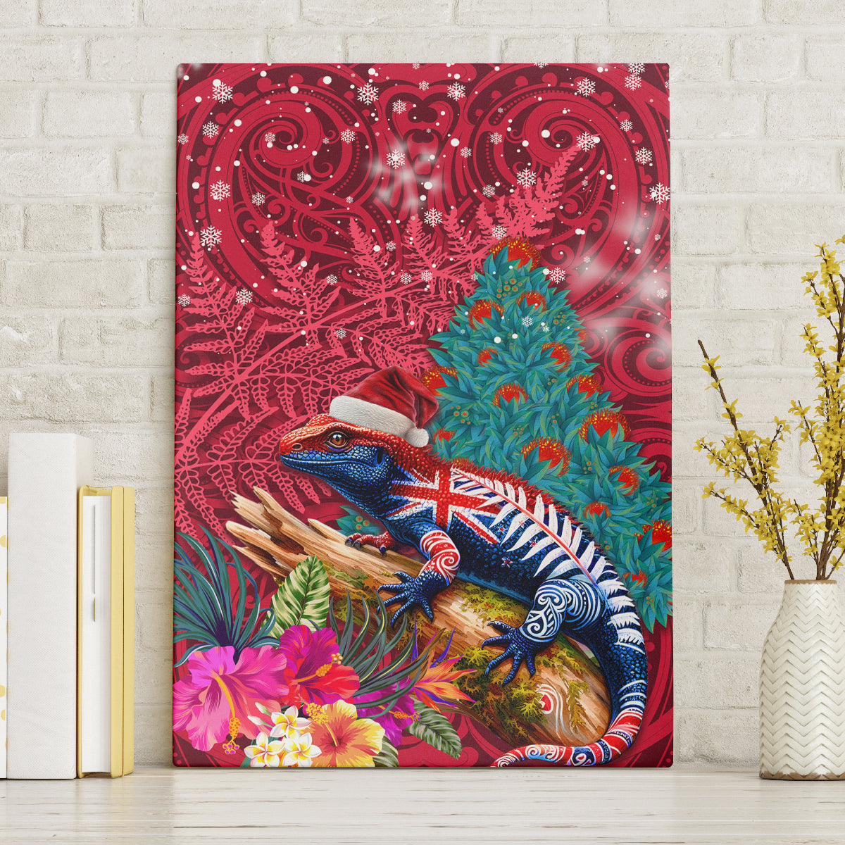 New Zealand Tuatara Christmas Canvas Wall Art Silver Fern and Xmas Pohutukawa Tree Red Color LT03 Without Frame Red - Polynesian Pride