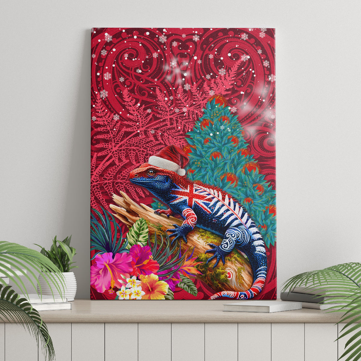 New Zealand Tuatara Christmas Canvas Wall Art Silver Fern and Xmas Pohutukawa Tree Red Color LT03 - Polynesian Pride