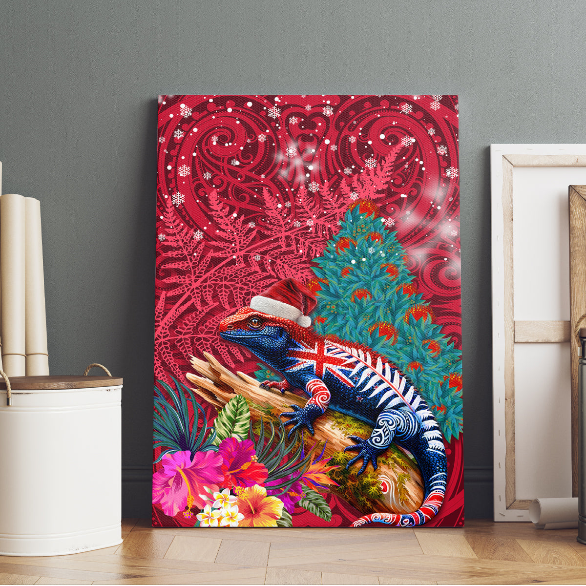 New Zealand Tuatara Christmas Canvas Wall Art Silver Fern and Xmas Pohutukawa Tree Red Color LT03 - Polynesian Pride