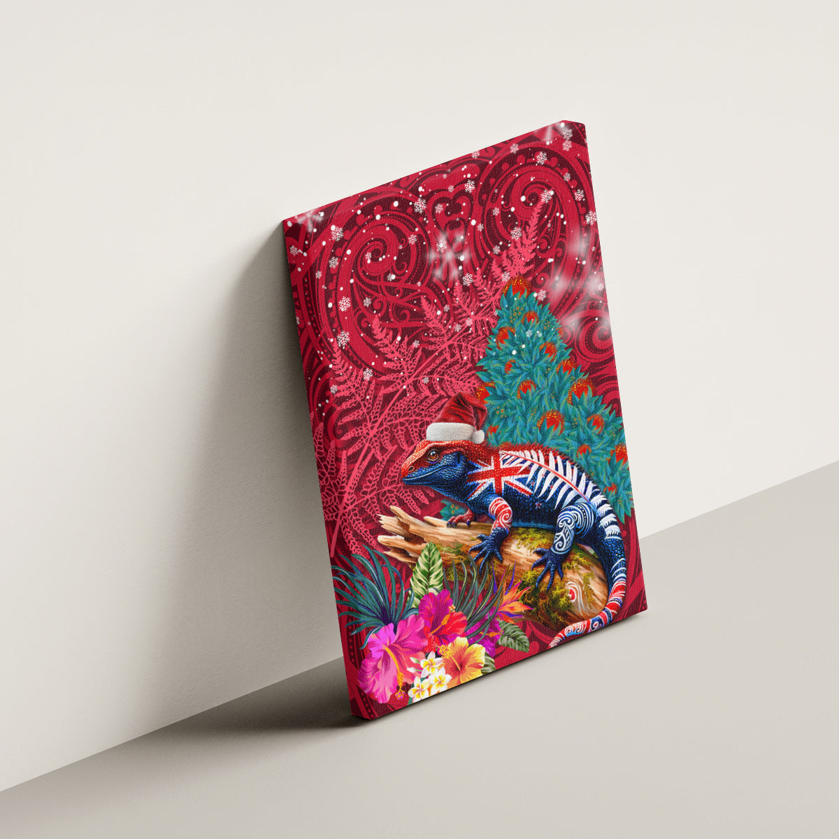 New Zealand Tuatara Christmas Canvas Wall Art Silver Fern and Xmas Pohutukawa Tree Red Color LT03 - Polynesian Pride