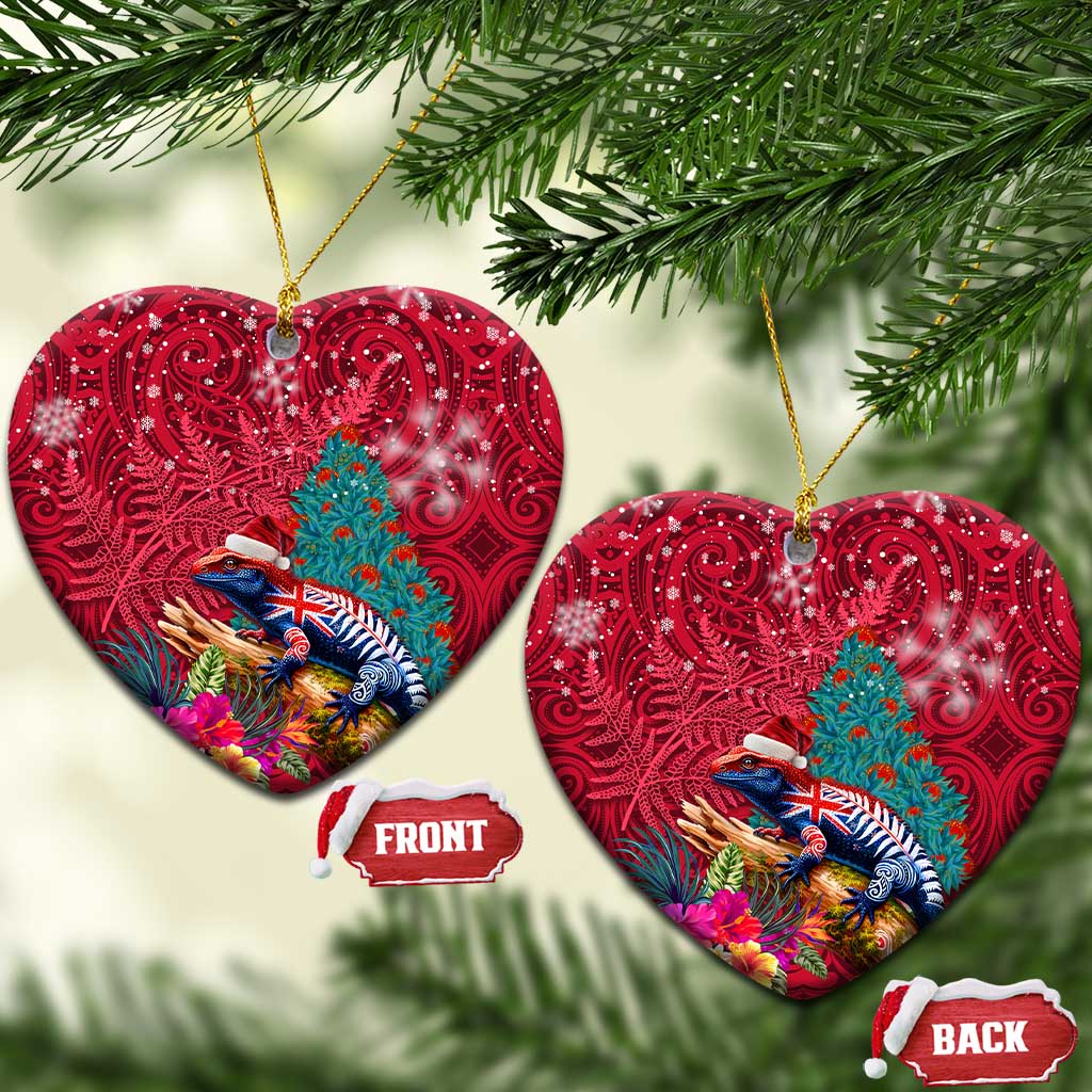 New Zealand Tuatara Christmas Ceramic Ornament Silver Fern and Xmas Pohutukawa Tree Red Color