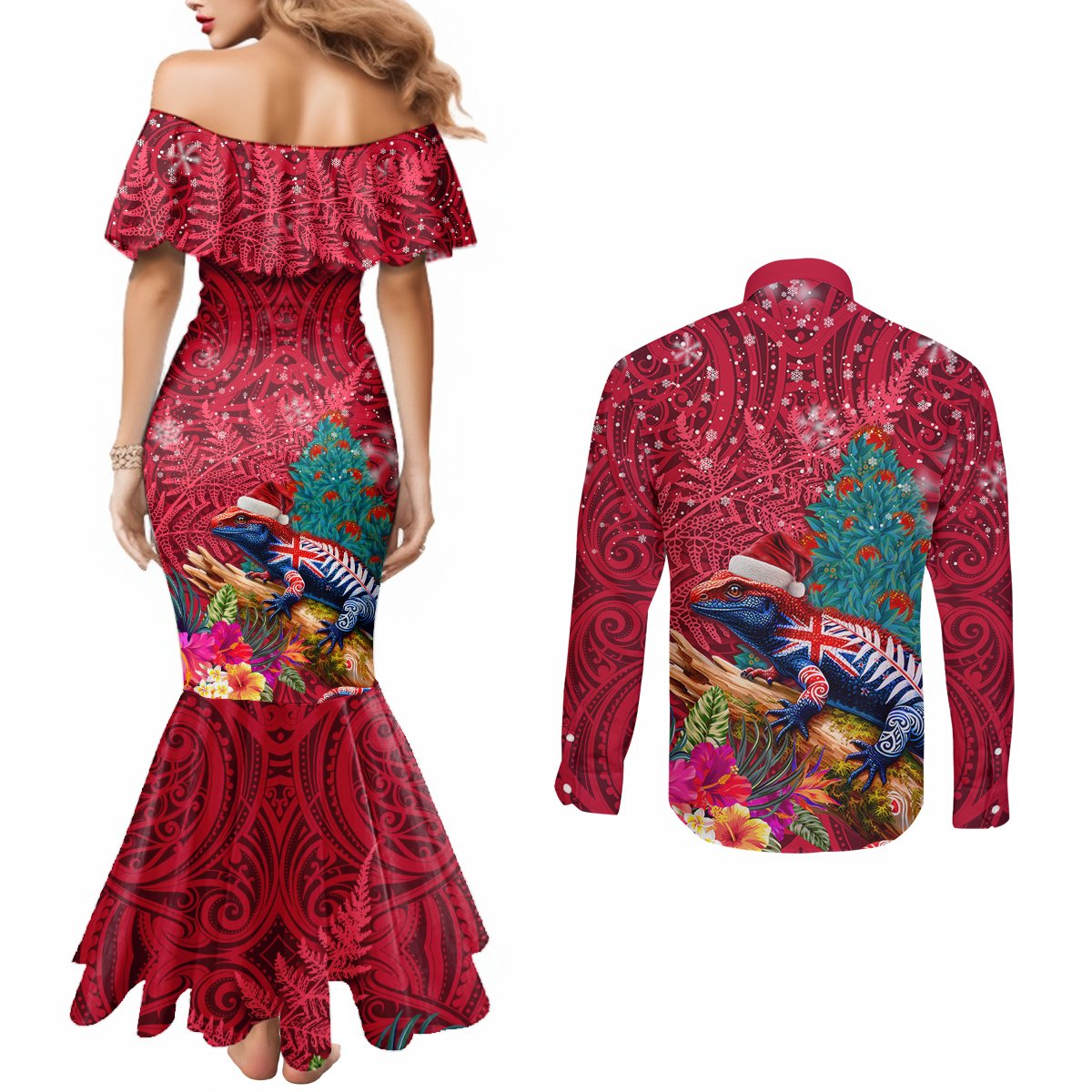 New Zealand Tuatara Christmas Couples Matching Mermaid Dress and Long Sleeve Button Shirt Silver Fern and Xmas Pohutukawa Tree Red Color LT03 - Polynesian Pride