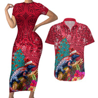 New Zealand Tuatara Christmas Couples Matching Short Sleeve Bodycon Dress and Hawaiian Shirt Silver Fern and Xmas Pohutukawa Tree Red Color LT03 Red - Polynesian Pride