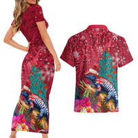 New Zealand Tuatara Christmas Couples Matching Short Sleeve Bodycon Dress and Hawaiian Shirt Silver Fern and Xmas Pohutukawa Tree Red Color LT03 - Polynesian Pride
