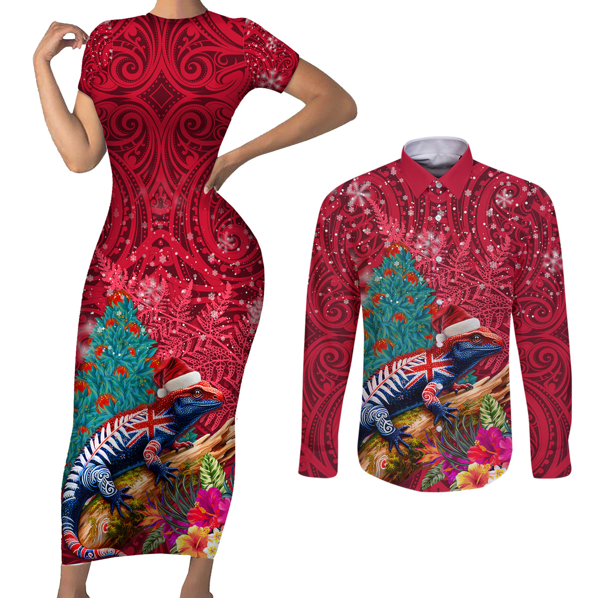 New Zealand Tuatara Christmas Couples Matching Short Sleeve Bodycon Dress and Long Sleeve Button Shirt Silver Fern and Xmas Pohutukawa Tree Red Color LT03 Red - Polynesian Pride