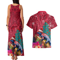 New Zealand Tuatara Christmas Couples Matching Tank Maxi Dress and Hawaiian Shirt Silver Fern and Xmas Pohutukawa Tree Red Color LT03 - Polynesian Pride