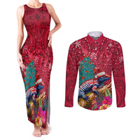New Zealand Tuatara Christmas Couples Matching Tank Maxi Dress and Long Sleeve Button Shirt Silver Fern and Xmas Pohutukawa Tree Red Color LT03 Red - Polynesian Pride