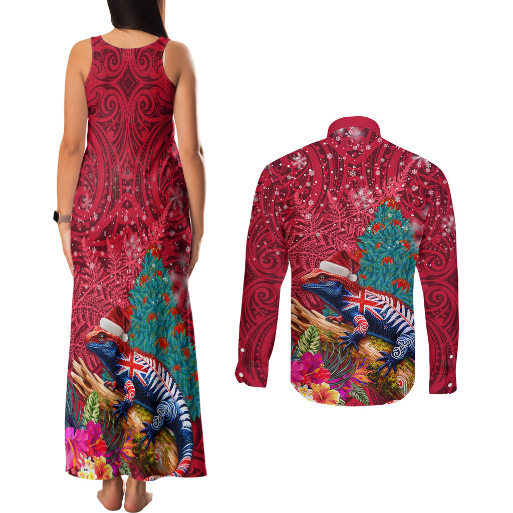New Zealand Tuatara Christmas Couples Matching Tank Maxi Dress and Long Sleeve Button Shirt Silver Fern and Xmas Pohutukawa Tree Red Color LT03 - Polynesian Pride
