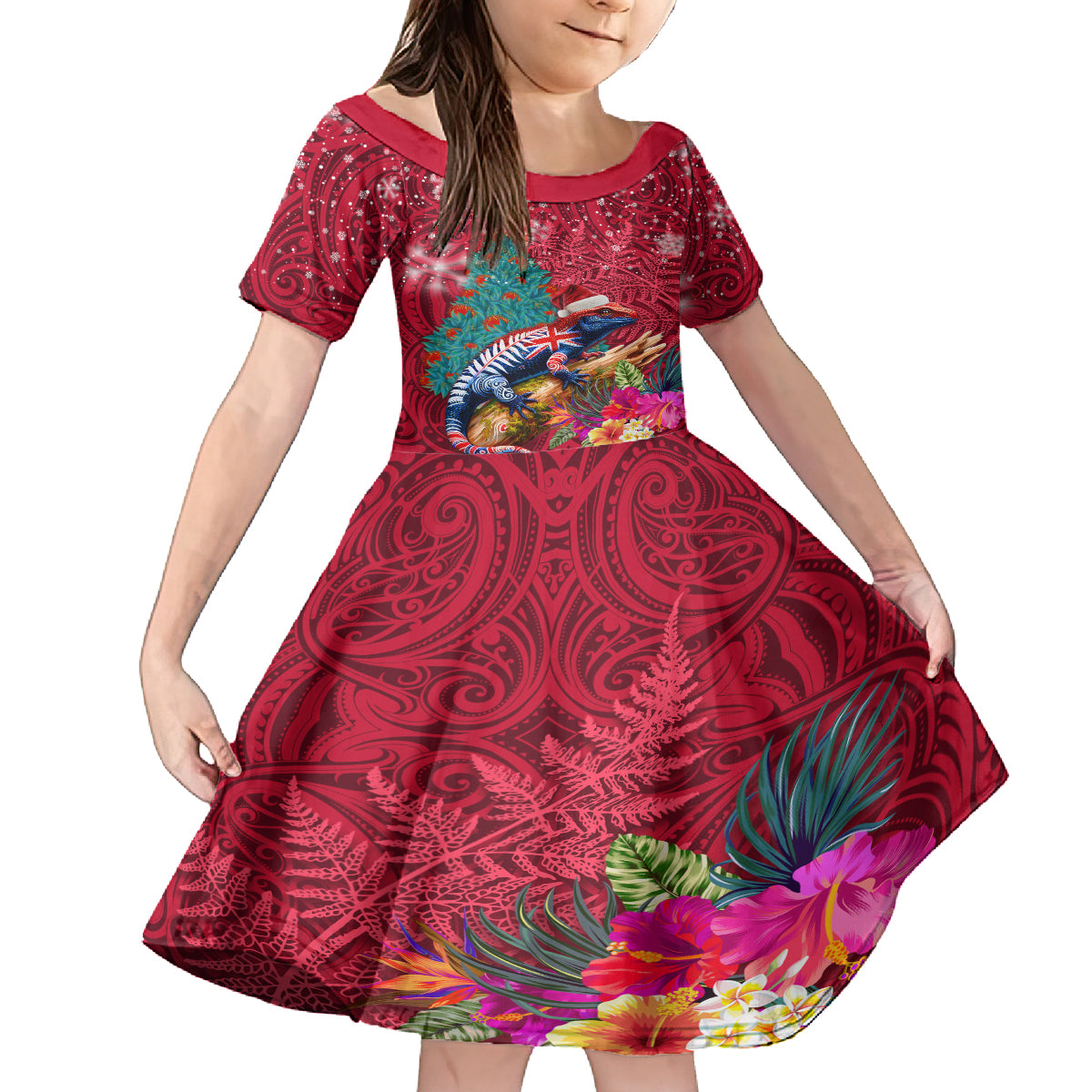 New Zealand Tuatara Christmas Family Matching Long Sleeve Bodycon Dress and Hawaiian Shirt Silver Fern and Xmas Pohutukawa Tree Red Color LT03 Daughter's Dress Red - Polynesian Pride