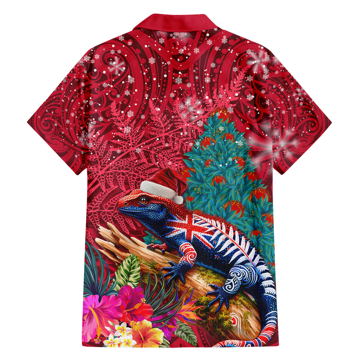 New Zealand Tuatara Christmas Family Matching Long Sleeve Bodycon Dress and Hawaiian Shirt Silver Fern and Xmas Pohutukawa Tree Red Color LT03 - Polynesian Pride