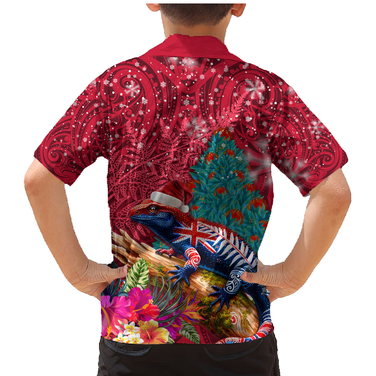 New Zealand Tuatara Christmas Family Matching Mermaid Dress and Hawaiian Shirt Silver Fern and Xmas Pohutukawa Tree Red Color LT03 - Polynesian Pride