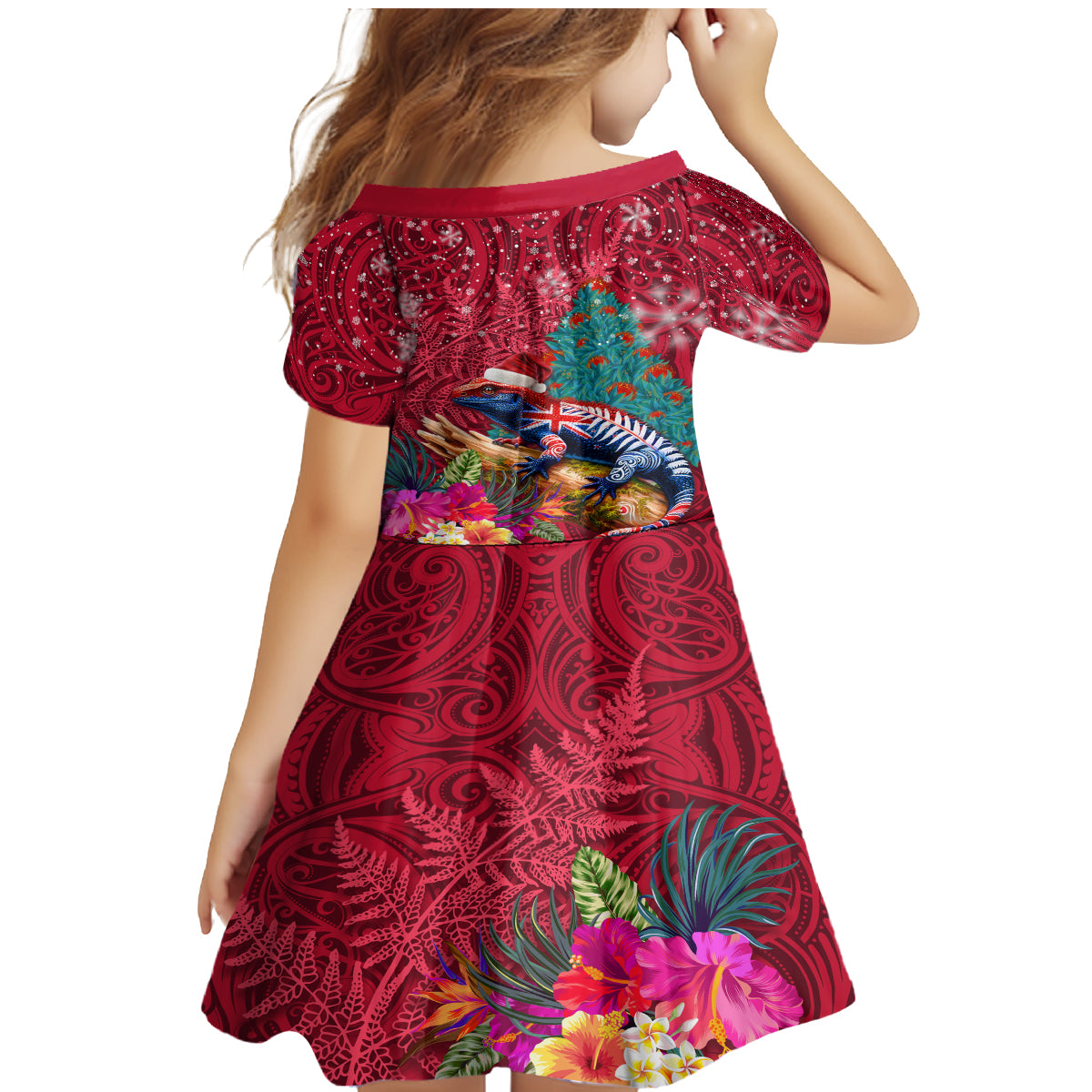 New Zealand Tuatara Christmas Family Matching Mermaid Dress and Hawaiian Shirt Silver Fern and Xmas Pohutukawa Tree Red Color LT03 - Polynesian Pride