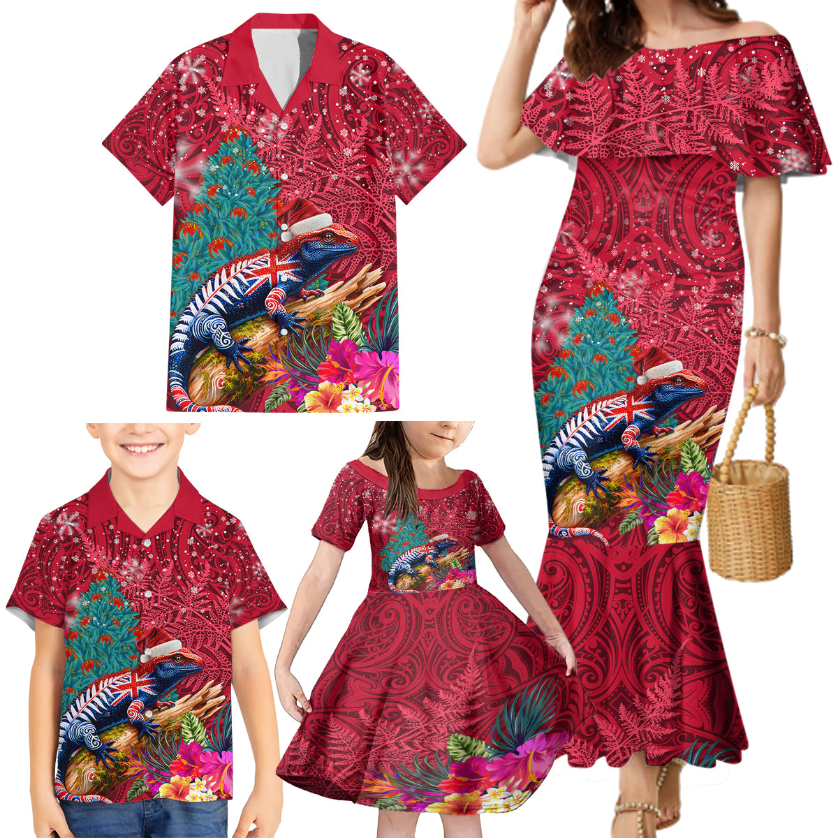 New Zealand Tuatara Christmas Family Matching Mermaid Dress and Hawaiian Shirt Silver Fern and Xmas Pohutukawa Tree Red Color LT03 - Polynesian Pride