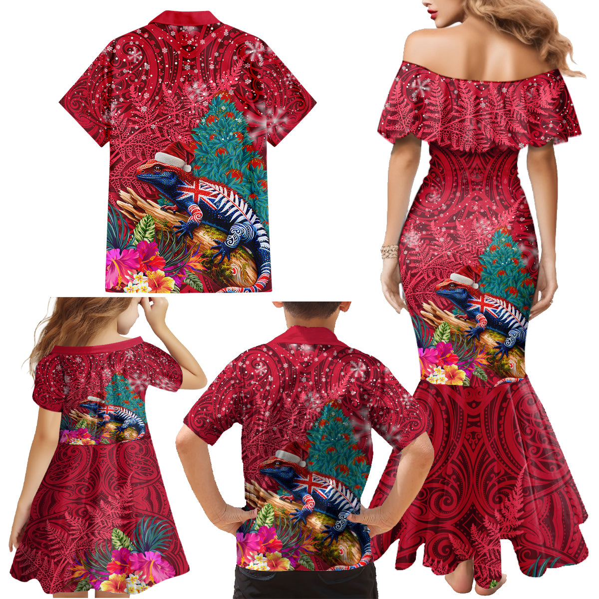 New Zealand Tuatara Christmas Family Matching Mermaid Dress and Hawaiian Shirt Silver Fern and Xmas Pohutukawa Tree Red Color LT03 - Polynesian Pride