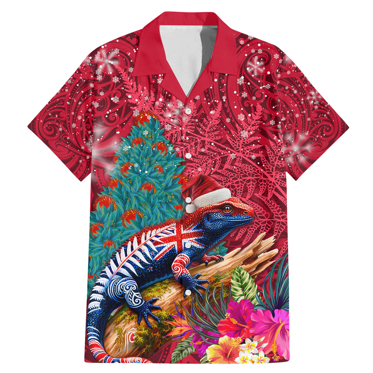 New Zealand Tuatara Christmas Family Matching Mermaid Dress and Hawaiian Shirt Silver Fern and Xmas Pohutukawa Tree Red Color LT03 Dad's Shirt - Short Sleeve Red - Polynesian Pride