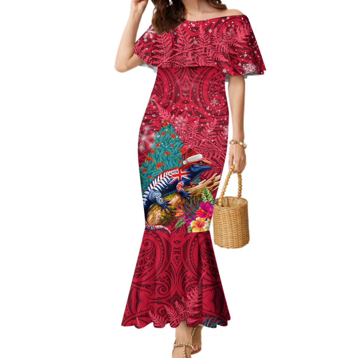 New Zealand Tuatara Christmas Family Matching Mermaid Dress and Hawaiian Shirt Silver Fern and Xmas Pohutukawa Tree Red Color LT03 Mom's Dress Red - Polynesian Pride