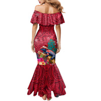 New Zealand Tuatara Christmas Family Matching Mermaid Dress and Hawaiian Shirt Silver Fern and Xmas Pohutukawa Tree Red Color LT03 - Polynesian Pride
