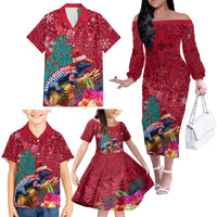 New Zealand Tuatara Christmas Family Matching Off The Shoulder Long Sleeve Dress and Hawaiian Shirt Silver Fern and Xmas Pohutukawa Tree Red Color LT03 - Polynesian Pride